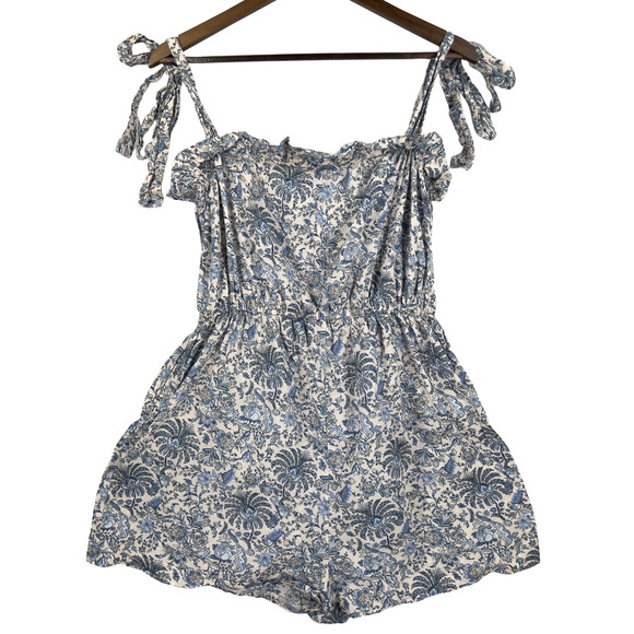 H&M Floral Botanical Whimsical Romper Ruffle Romantic Blue Ivory Size 10 - Picture 4 of 6